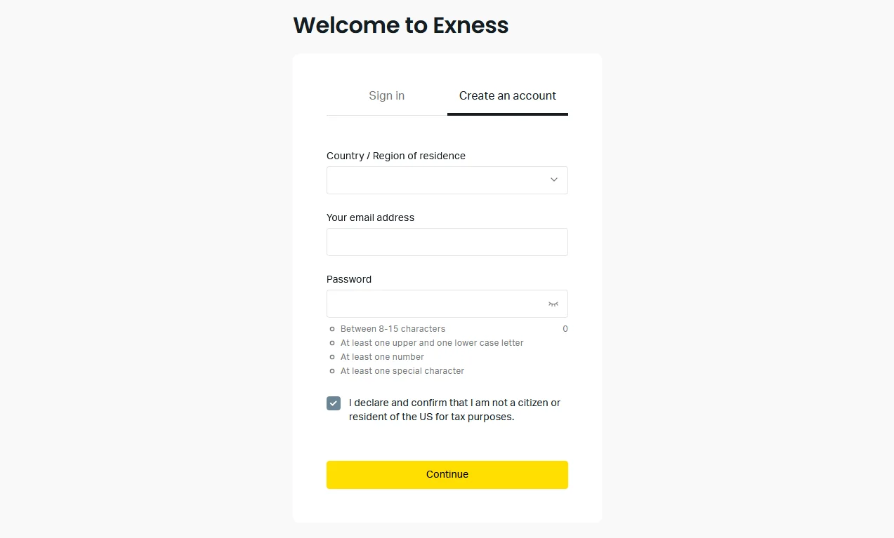 Exness account creation form.