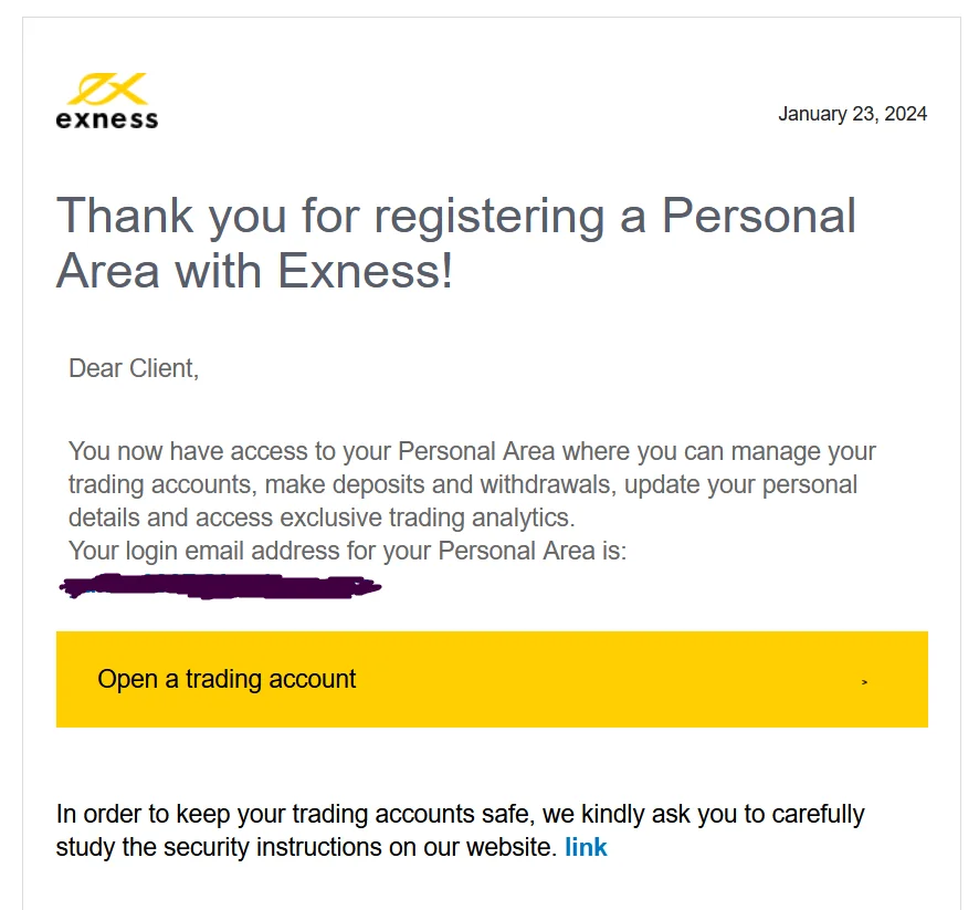Exness email confirmation